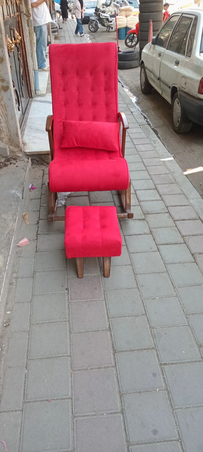 صندلی راک مدل دسته دار گهواره ای با بهترین متریال چوب و پارچه نانو و قابل شستشو
